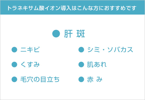 トラネキサム酸イオン導入はこんな方におすすめです｜● 肝斑　● ニキビ　● くすみ　● 毛穴の目立ち　● シミ・ソバカス　● 肌あれ　● 赤み