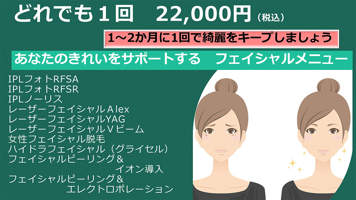 どれでも１回　22,000円（税込）　1～2か月に1回で綺麗をキープしましょう　あなたのきれいをサポートする　フェイシャルメニュー　IPLフォトRFSAIPLフォトRFSRIPLノーリスレーザーフェイシャルＡlexレーザーフェイシャルYAGレーザーフェイシャルＶビーム女性フェイシャル脱毛ハイドラフェイシャル（グライセル）フェイシャルピーリング＆イオン導入フェイシャルピーリング＆エレクトロポレーション